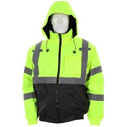 MCR Safety VBBQCL3LM Bomber Jacket, Two Tone Value, Men's, Medium, Fluorescent Lime, Polyester/Polyurethane, ANSI/ISEA 107 2020 Type R, Class 3 compliant Specifications Met, Yes High-Visibility, Drawstring Hood Style, 49 in Chest